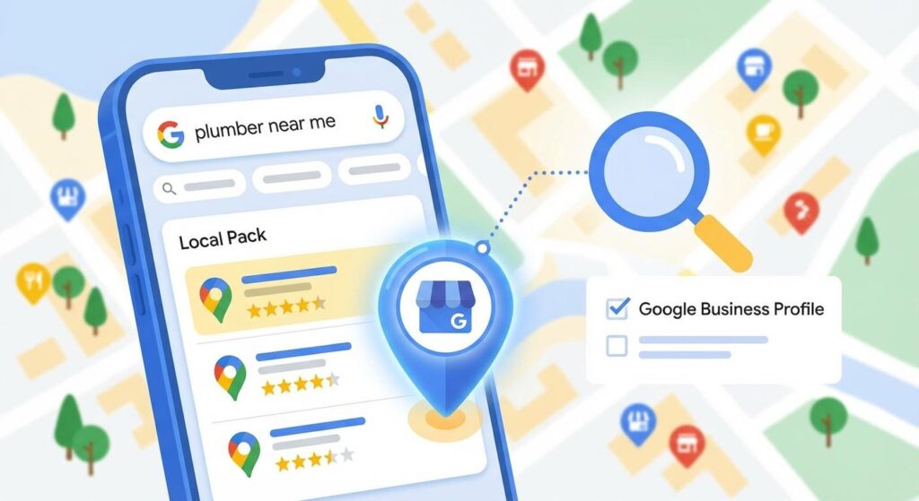 Small business owner improving local SEO rankings using Google Maps, business listings, and customer reviews
